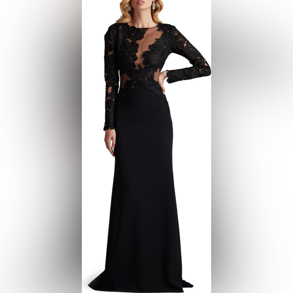 Nwt Tadashi Shoji Floral Embroidery Long Sleeve Gown In Black/Nude